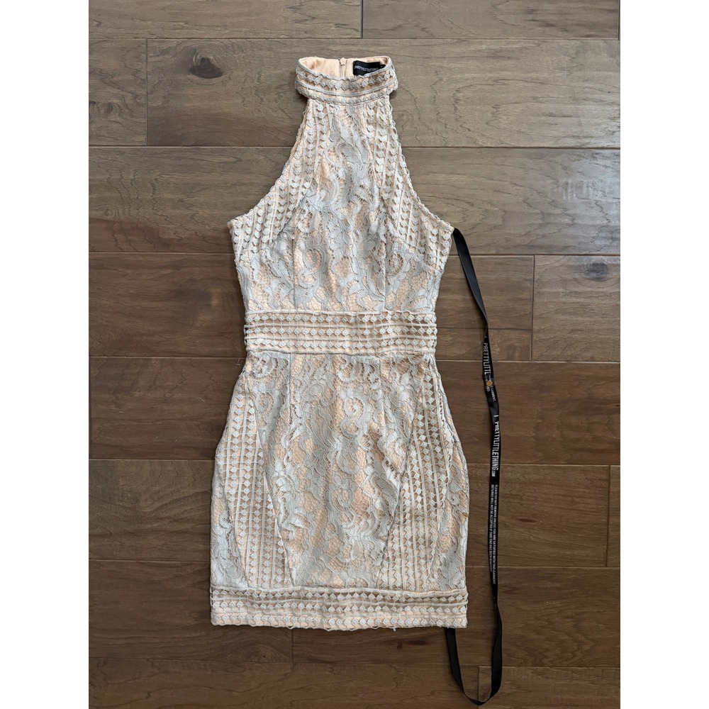 PrettyLittleThing Grey Nude Lace Halter Mini Dress Size 2 Bodycon Crochet Trim